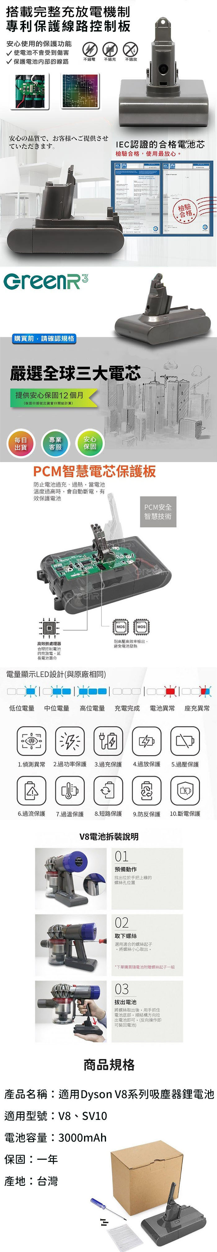 《台灣製》GreenR3 3000mAh Dyson V8 系列吸塵器適用 鋰電池 (台南可來店更換免工資)